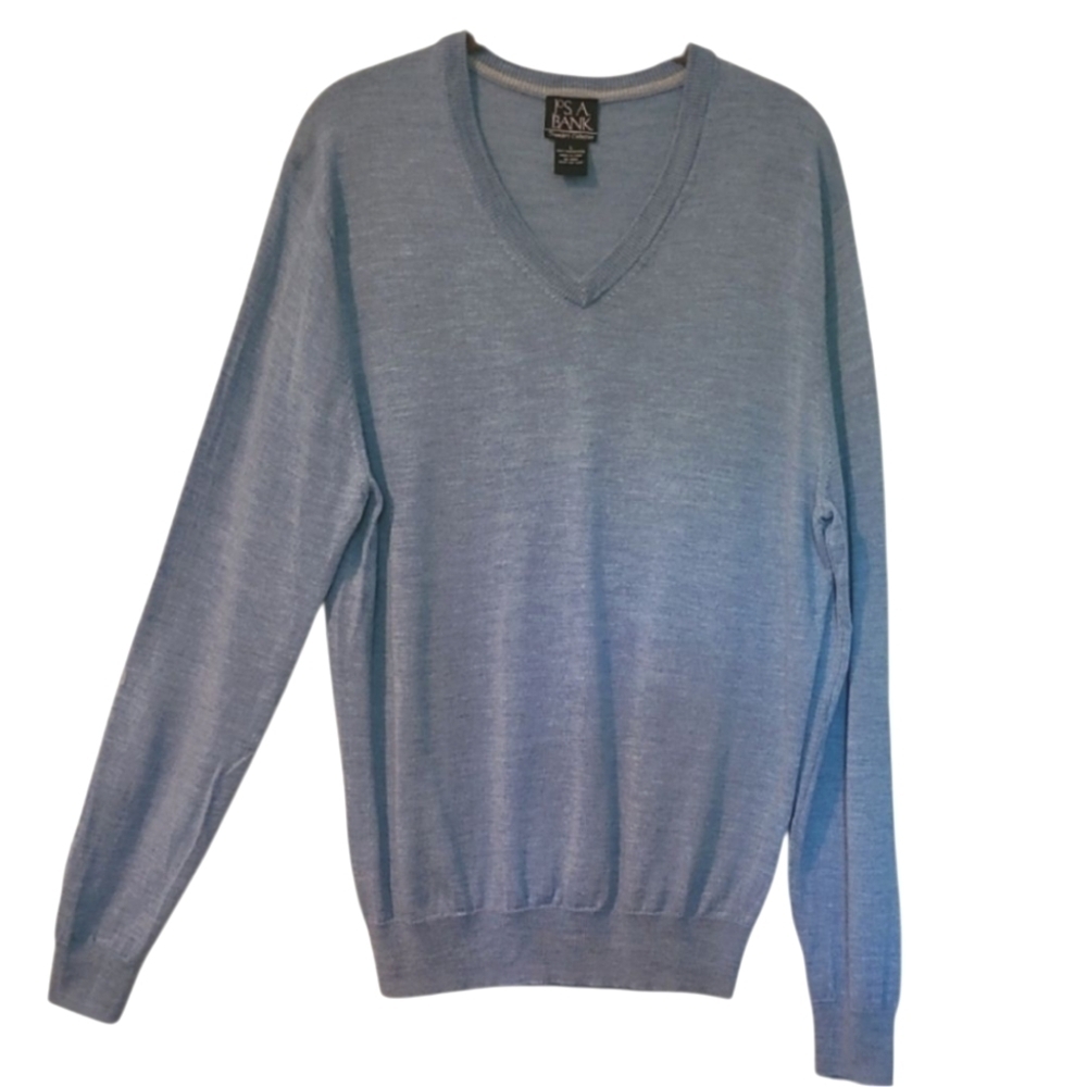 Jos. A Bank Merino Wool Light Blue V-neck Long Sleeve Lightweight Sweater Mens L